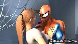 3D blonde babe gets her pussy licked by Spiderman