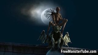 3D cartoon alien babe riding a stud's cock outdoors