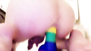 Trans Teen Rides Rainbow Dildo