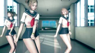 Dripping Cute Girls in Slut Uniform with Dildos Sexy Dance MMD R18