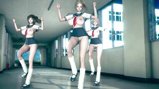 Dripping Cute Girls in Slut Uniform with Dildos Sexy Dance MMD R18