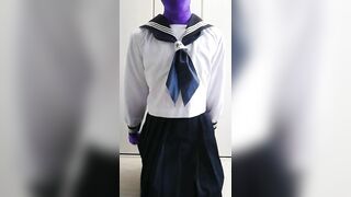 Japanese Zentai Crossdresser taking off Sailorset School Uniform