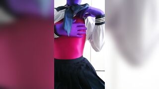 Japanese Zentai Crossdresser taking off Sailorset School Uniform