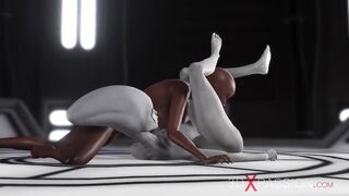 Sci-fi female alien plays with black girl in space station