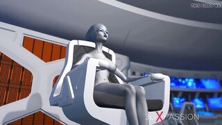 Sci-fi female alien plays with black girl in space station