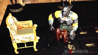 Ancient Egypt. Anubis plays with a black girl in the temple