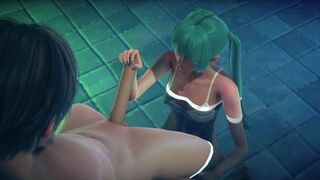 Miku jerking off big cock, cum in the pool and on the face