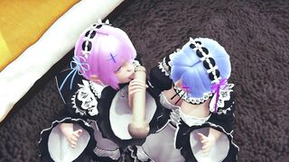 Ram and Rem lick a big cock together