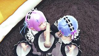 Ram and Rem lick a big cock together