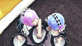 Ram and Rem lick a big cock together