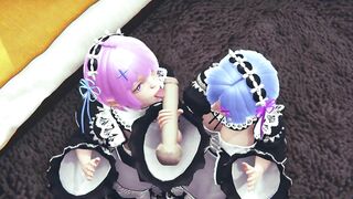 Ram and Rem lick a big cock together