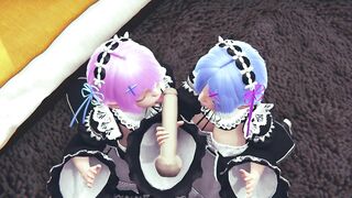 Ram and Rem lick a big cock together