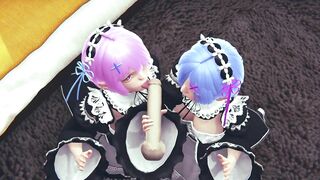 Ram and Rem lick a big cock together