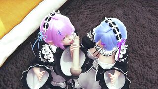 Ram and Rem lick a big cock together