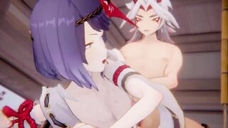 Kujou Sara x Arataki Itto Genshin Impact 3D HENTAI Shortver Part 4/6