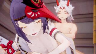 Kujou Sara x Arataki Itto Genshin Impact 3D HENTAI Shortver Part 4/6