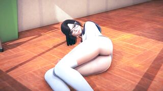 Schoolgirl with glasses masturbates on the floor in a classroom