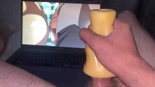 "treat me with cum" uncensored hentai and the guy jerks off on him, cumming profusely