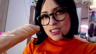 Velma from Scooby Doo destroys his throat with huge cock