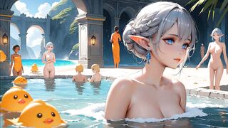 An Elf Girl Bathing in the Bond While Others Are Watching Her Near Beach