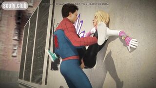 Spiderman hung fan girl on the roof of the building and licked her pussy POV