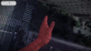 Spiderman hung fan girl on the roof of the building and licked her pussy POV