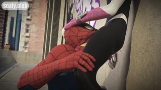 Spiderman hung fan girl on the roof of the building and licked her pussy POV