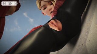 Spiderman hung fan girl on the roof of the building and licked her pussy POV